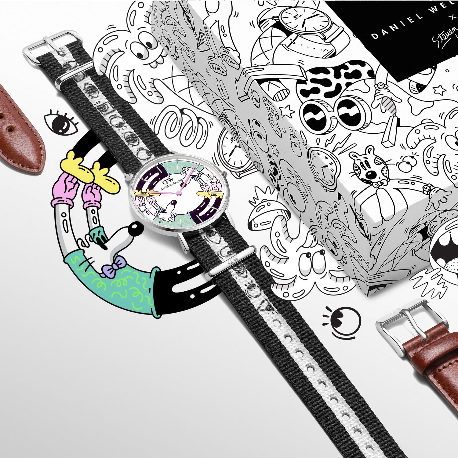 Steven Harrington x DW SET: NATO Multicolor Printed Dial & Strap Silver